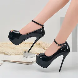 2024 Peep Toe Party Buckle Women Pumps Sexy Patent Leather Shallow Ladies Shoe Platform Thin Heels Female Dress Black Work Shoes