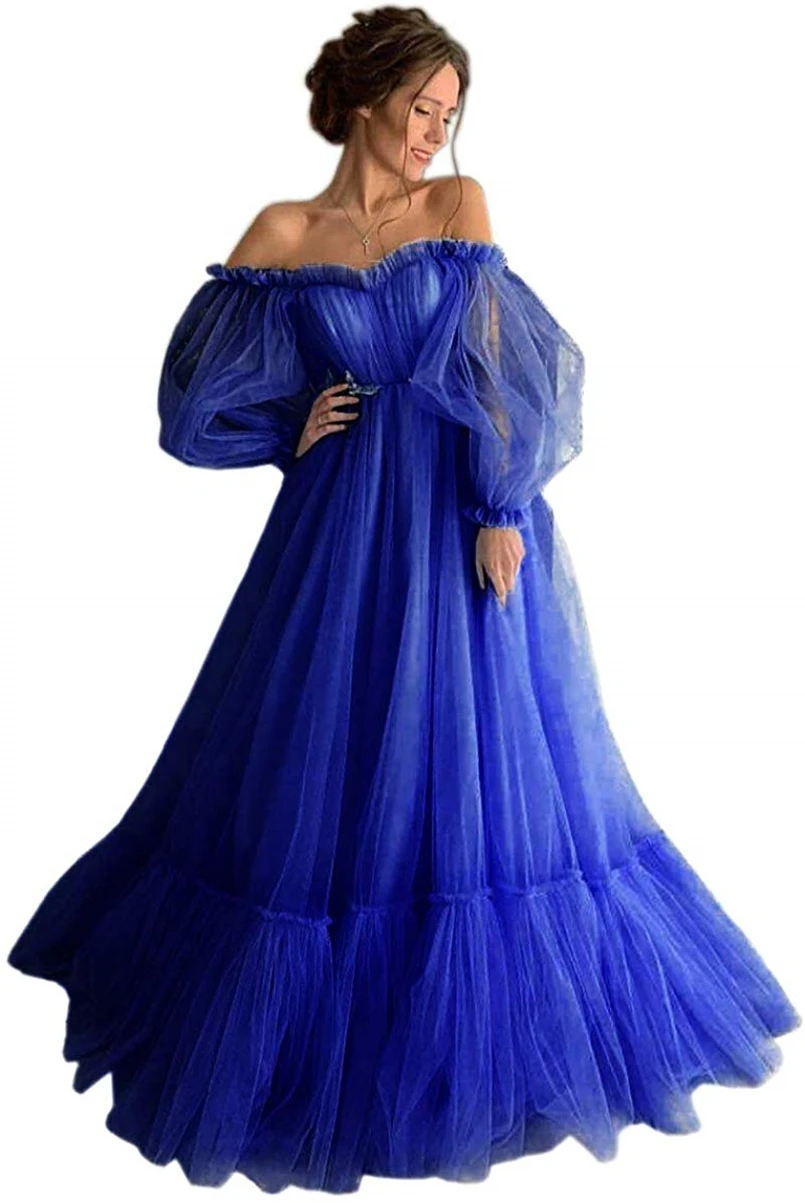 LORIE Blue Prom Dresses Long Sleeve Off the Shoulder Princess Dress 2024 Tulle Lace-up Formal Evening Party Dresses Plus Size