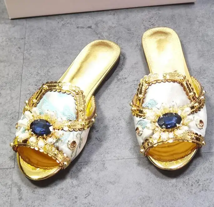 

Luxury Gemstone Pearl Flower Flat Slipper Floral Satin Rhinestone Rivets Studs Peep toe Female Slip On Summer Street Shoes