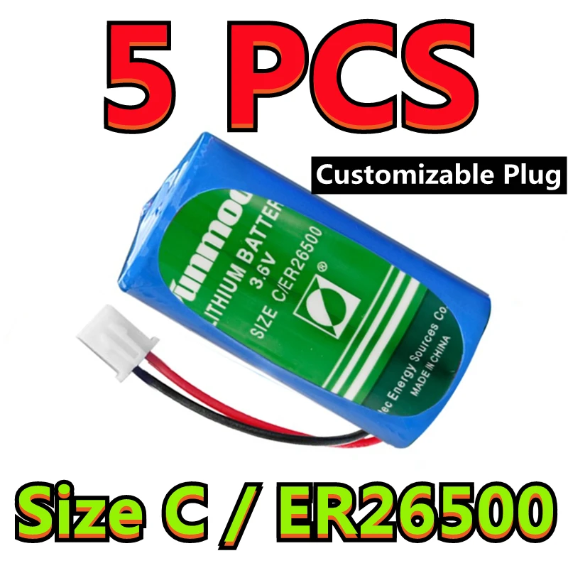 5PCS Original NEW SUNMOON ER26500 26500 size C 3.6V 8500mAh Water Meter Battery High Energy Capacity Type (Customizable Plug)