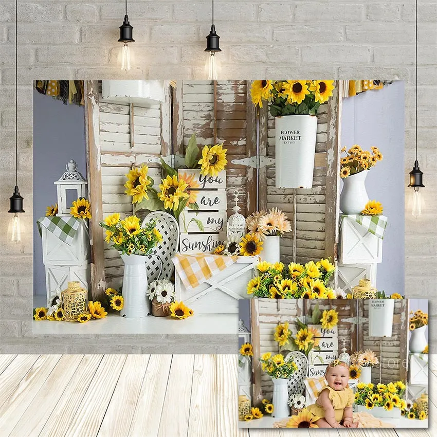 Avezano Photography Background Sunflower Wooden Door Newborn Birthday Portrait Cake Smash Decoration Backdrop Photo Studio Props