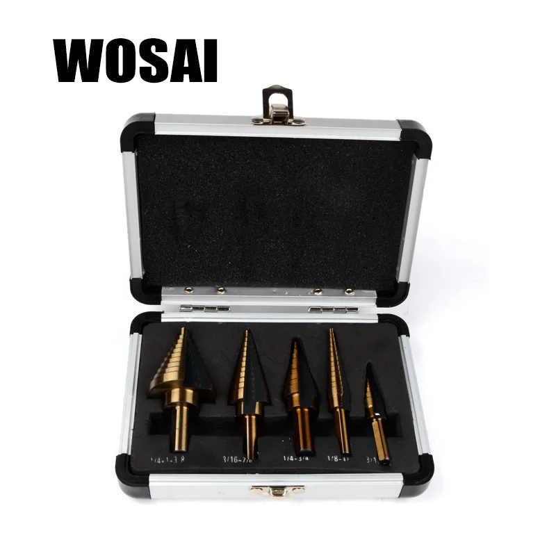 WOSAI 5pcs HSS Cobalt Step Drill Bit Set Titanium Cone Drill Hole Cutter Bit Multiple Hole 50 Sizes Step Drill Bit Power Tool