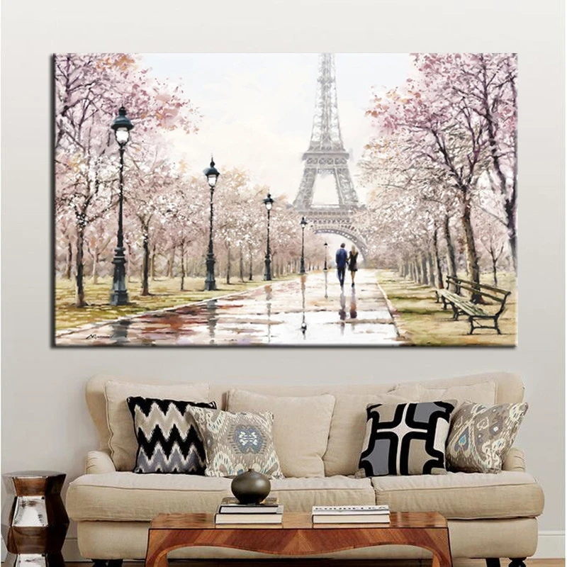 City Lovers Walking on The Street Paris Eiffel Tower Landscape HD Print Abstract Canvas Painting Wall Art Living Room Home Decor