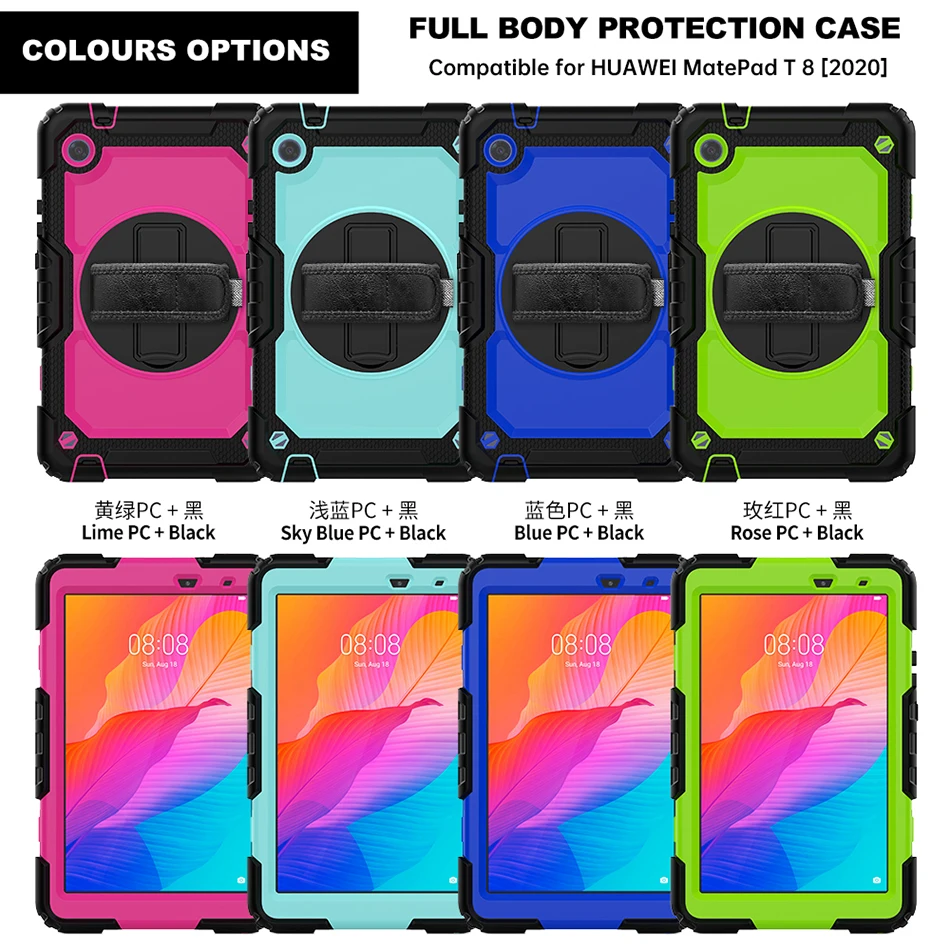 Capa giratória de silicone 360 com alça de mão e alça para huawei matepad t8 2020, capa à prova de choque + caneta