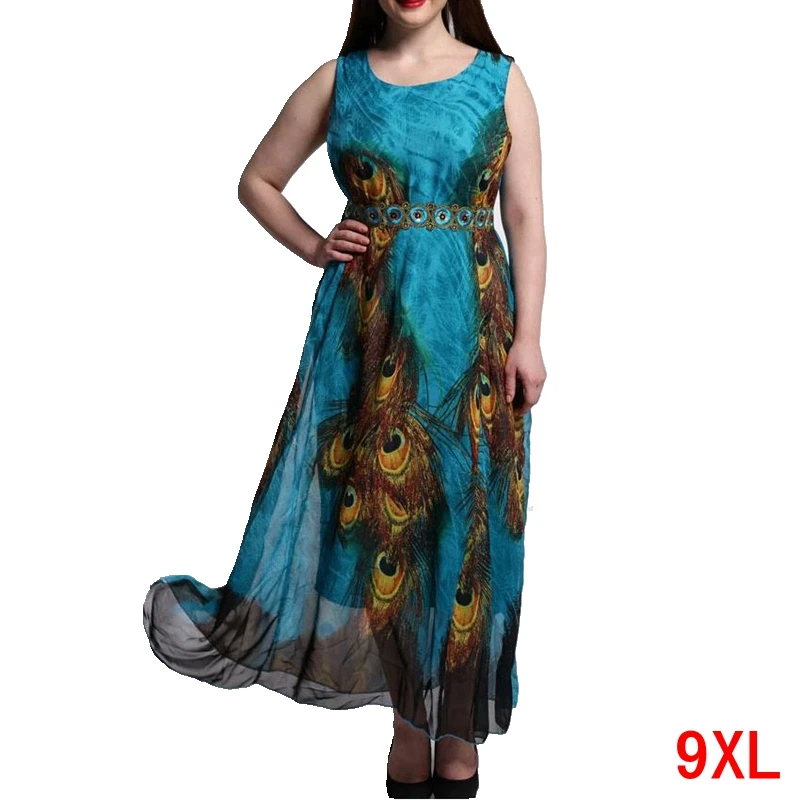 

Large size women's dress big size 4XL 5XL 8XL 9XL summer round neck sleeveless loose bohemian large size blue dress