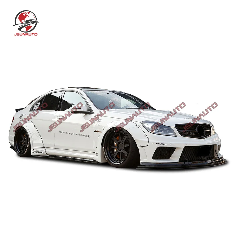 For BENZ-W204 C63 C180 C200 C250 C300 C350 4 Door LB Style Wide Body Kit Front Bumper Side Fender Rear Diffuser Spoiler