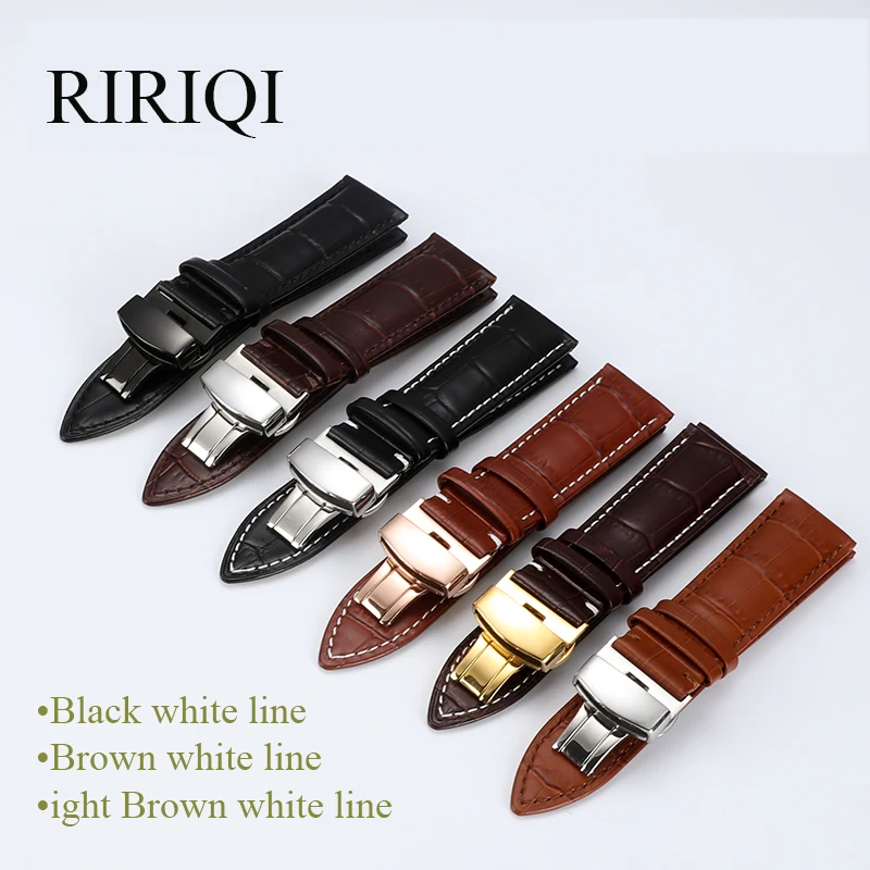 New Genuine Leather Watchband  Universal Butterfly Steel Buckle Glossy  white line watch strap16 18 19 20 22mm