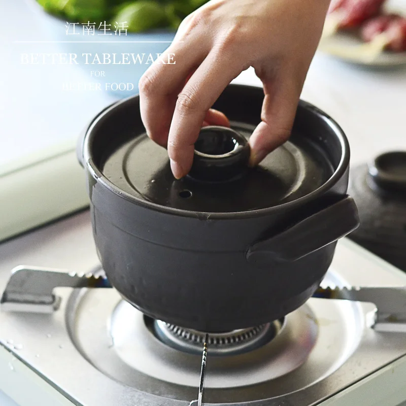 

Retro Old One Person Fast Cooked Small Clay Pot Rice Cooker Casseroles Two Cover Stoneware Pan Saucepan Mini Soup Milk Pot