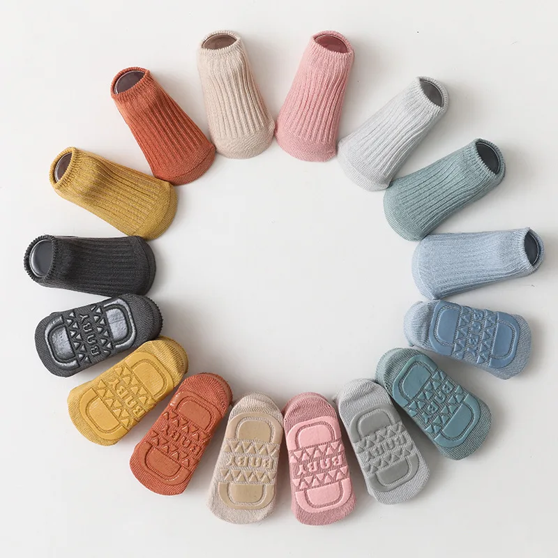 4 Pairs Baby Newborn Anti-Slip Soft Toddler Socks Infant Elastic Kids Toddler Rubber Soles Pure Color Cotton Floor Socks