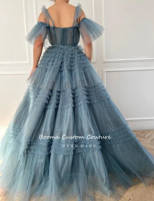 Booma Blue Long Prom Dresses Sweetheart Pleated Tulle Ruffles Evening Dresses Off Shoulder Tiered A-Line Formal Party Dresses