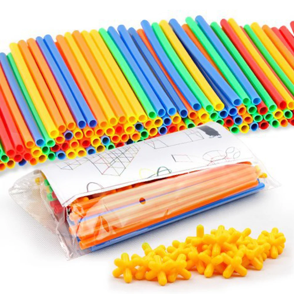 Straw Constructor Brinquedos para crianças, palhas e conectores, blocos de construção, costura, inserido tubo, brinquedo educativo, 100pcs