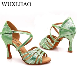 WUXIJIAO Women's Party Satin Dance Shoes Bright rhinestones Soft Bottom Latin Dance Shoes Red / Blue Salsa Dance Shoes heel 9cm