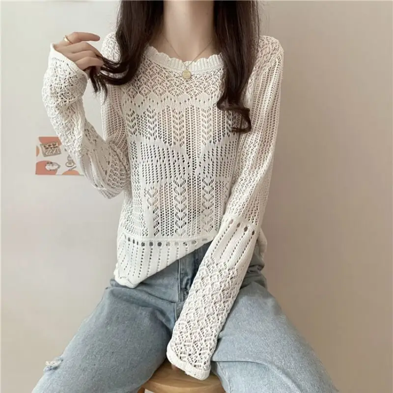 Sweaters Women Knitted Hollow Out Summer Thin Fashion Loose Long Sleeve New Casual See Through Sexy Pullovers All-match Simple