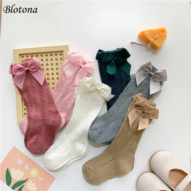 Blotona Toddlers Breathable Knee-high Stockings,Girls Summer Sweet Bow Decoration Hollow Out Mesh Mid-calf Length Socks,1-8Years