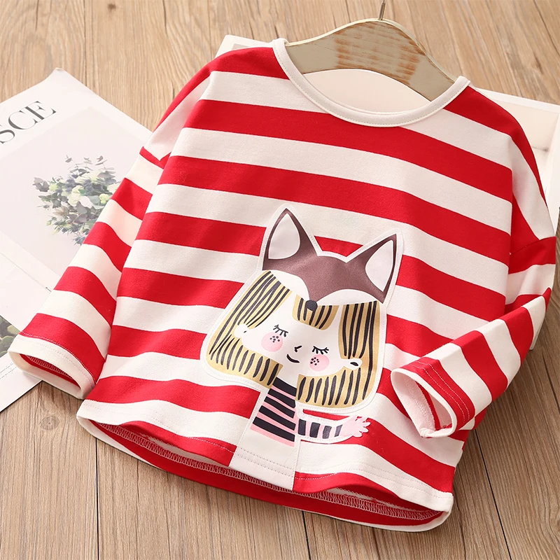 2023 Spring Autumn Fashion 2-10 Years O-Neck Kids Tees Cute Little Child Baby Girls Striped Cartoon Cotton Long Sleeve T-Shirt