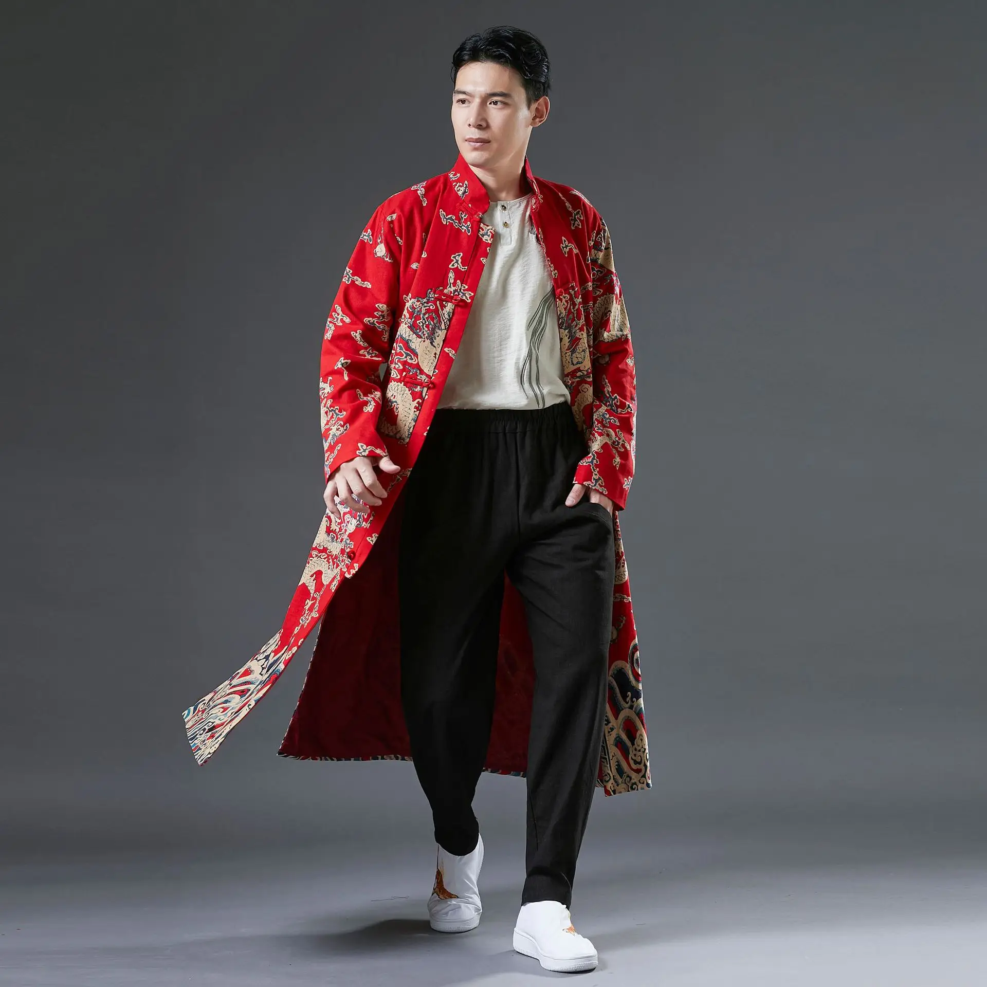 Chinese Stijl Retro Knop Robe Gown Mannen Print Dragon Katoen Linnen Tang Tops Casual Mandarijn Kraag Shirt Harajuku Kimono Jas