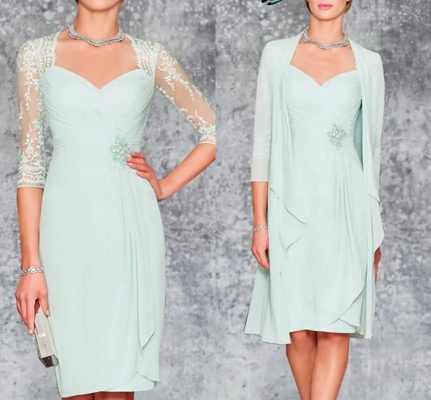 2022 Mint Green Mother of Bride Dresses with Jacket Knee Length Chiffon Lace Wedding Formal Party Gown Robe De Soiree