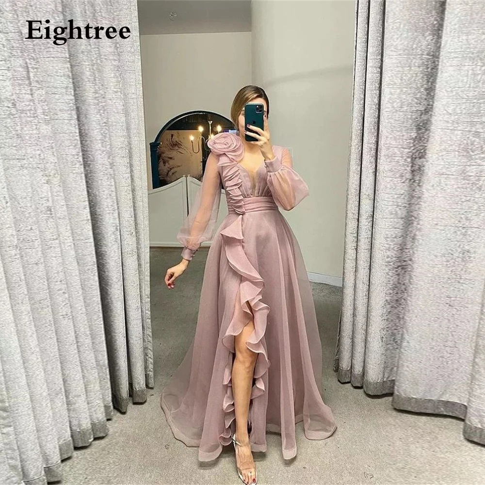 Modern 2024 Dusty Pink Long Sleevess V Neck Prom Dresses A Line High Side Slit Bridal Party Evening Dress Gown Vestidos de festa