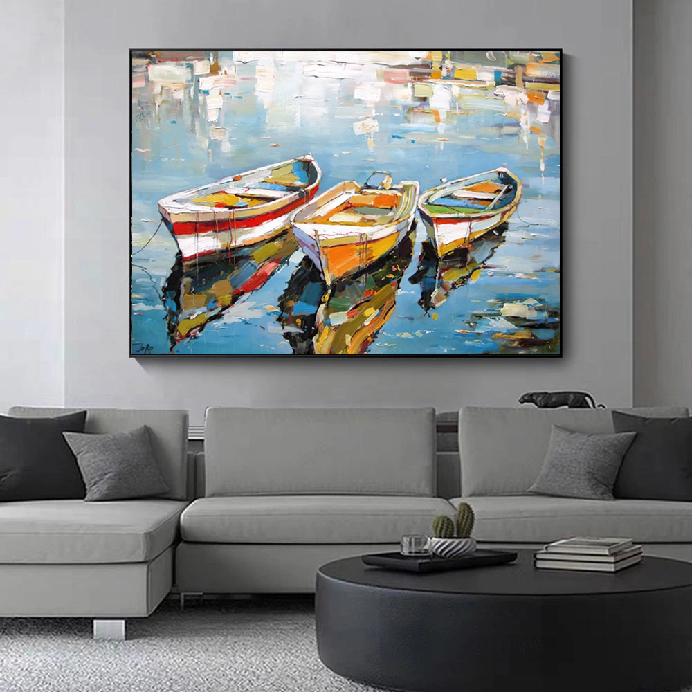 3 Boats Oil Canvas Painting Sea Landscape Posters and Prints Wall Art Picture for Living Room Home Decor Cuadros