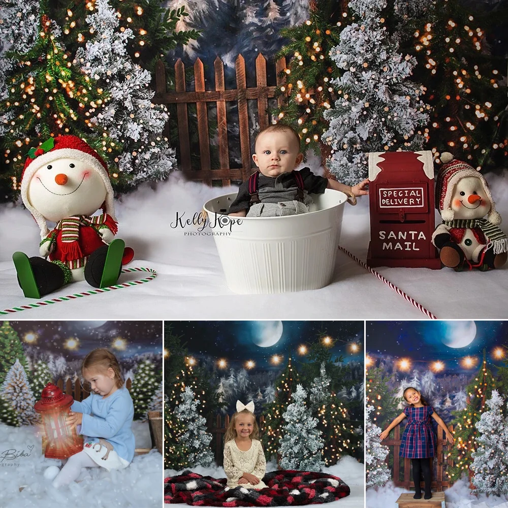 Christmas Photography Background Christmas Tree Fence Moon Snowfield Backdrop Children Portrait Party Decorative Props Studio