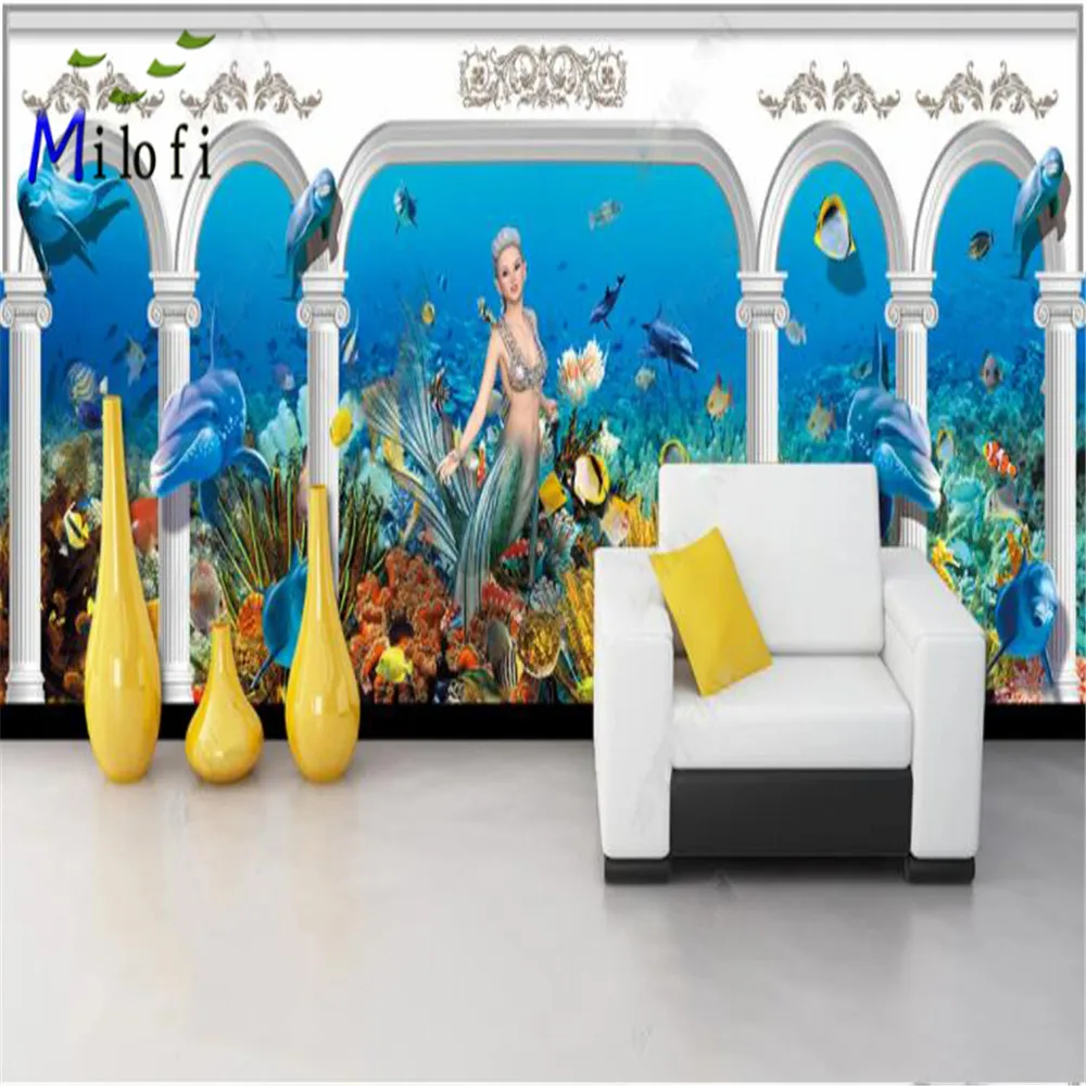 MIlofi Custom Wallpaper Mural Underwater World Roman Column Palace Mermaid Whole House Background Wall