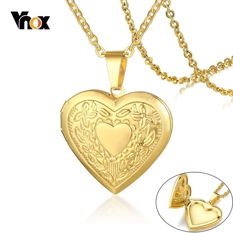 Vnox Women Heart Locket Necklace Stainless Steel Photo Frame Memory Romantic Love Pendant for Female Promise Keepsake Gift