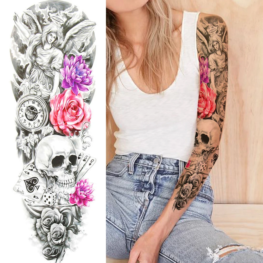 Sexy Skull Temporary Sleeve Tattoos For Women Girls Body Art Tatoos Full Arm Sleeve Tattoo Temporary Fake Washable Flower Decor