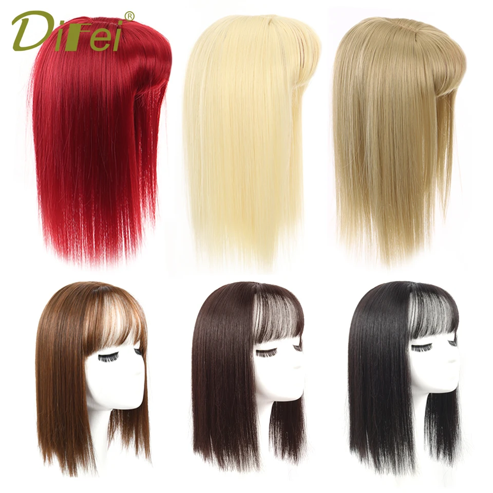 DIFEI-Cabelo Humano com Franja, Peruca Meia Cabeça, Liso Natural Fofo, Invisível, Substituição Sem Costuras, Cabelo Sintético