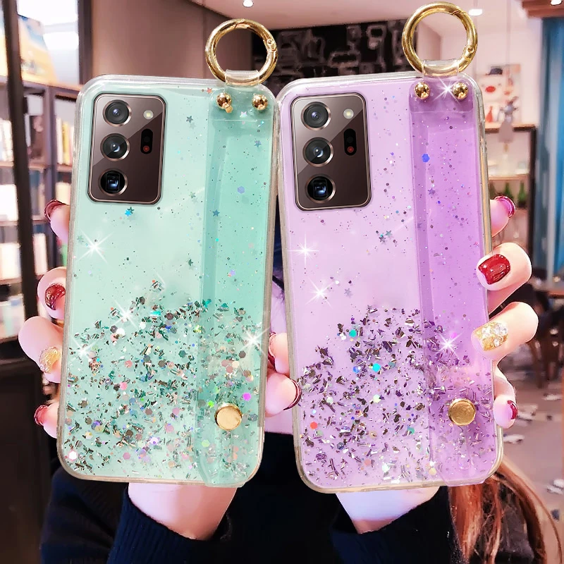 Gradient Glitter Clear Case For Samsung Galaxy S24 S23 S22 S21 Plus S20 FE Note 20 Ultra A53 A35 A55 A54 Soft Wrist Band Cover