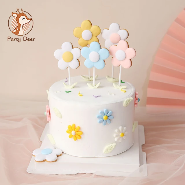 6 szt. Kolorowe kwiaty Happy Birthday Cake Topper miękka ceramika Urodziny Dekoracja deserowa na Baby shower Artykuły do ​​pieczenia
