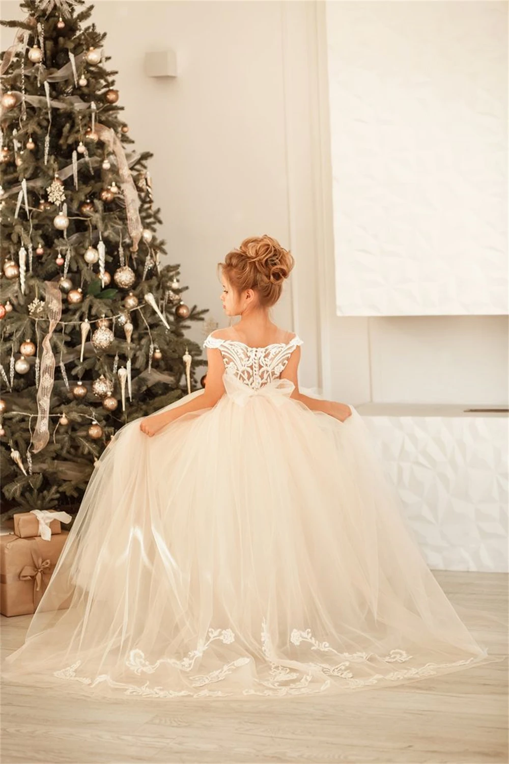 Vestido de primera comunión para niña, traje de baile de manga larga con lazo grande, vestido de dama de honor blanco, fiesta de boda, vestidos de niña de flores, desfile para niños