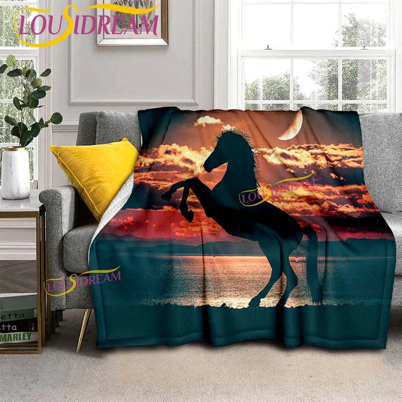 Horse Galloping Blanket Animal Flannel Blankets 3D Art Decor Print Blankets White Horse Blanket Cover Sofa Beds Throw Blankets