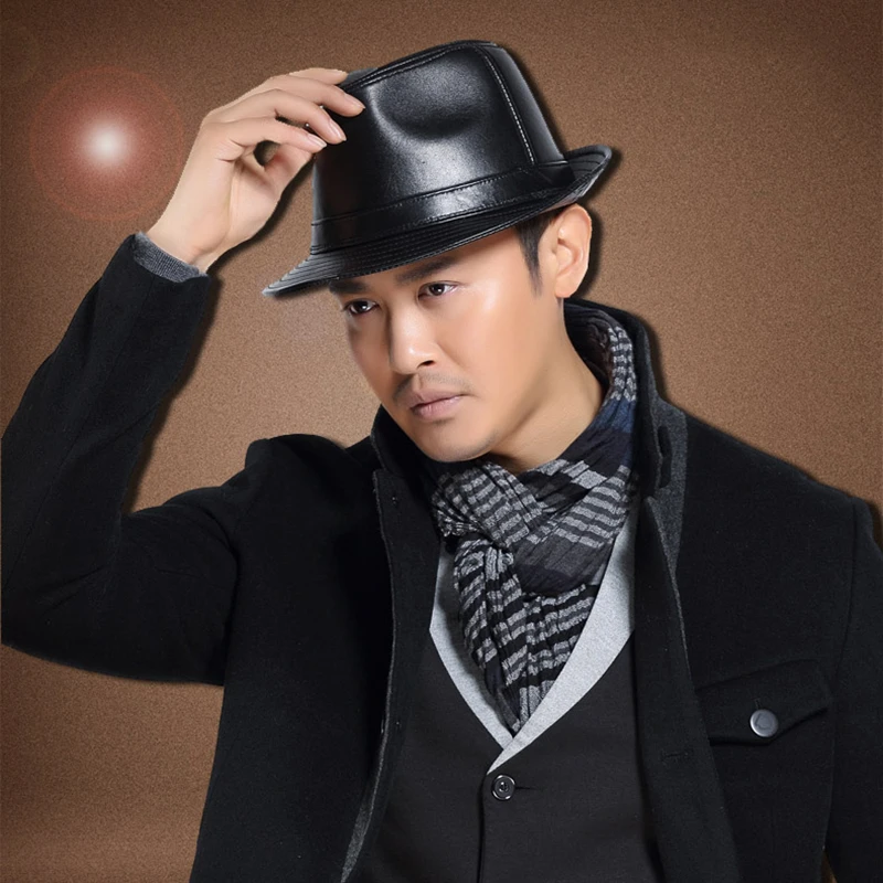 

Retro Man High Quality Real Leather Jazz Fedora Gentleman Genuine Sheep Leather Short Brim Black/Brown Top Hat Shows Topper