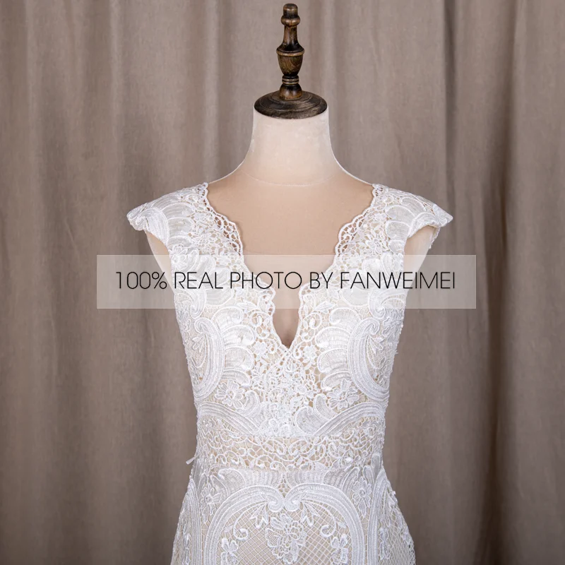 794#Deep V-Neck Sexy Backless Cap Sleeve Lace Sheath Boho Bohemian Wedding Bride Dress REAL PHOTO FACTORY PRICE CUSTOM MADE