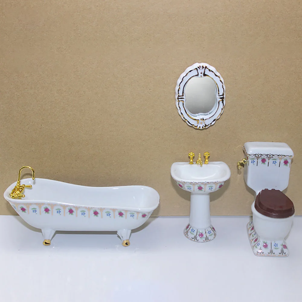 

1/12 Dollhouse Miniature Accessories Mini Bathroom Set Simulation Bathtub Mirror Wash Basin Closestool for Doll House Decoration