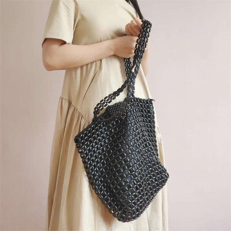 【wander lamar 】2021 korean fashion design big wooden beads weaving shoulder bag