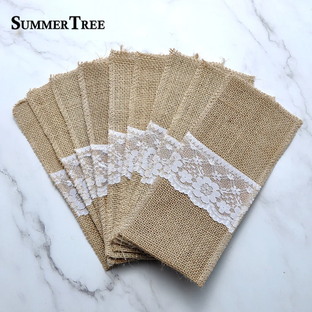 Burlap Lace Cutlery Pouch Wedding Tableware Party Knife Fork Holder Bag Hessian Rustic Jute Accessories Table Decoration