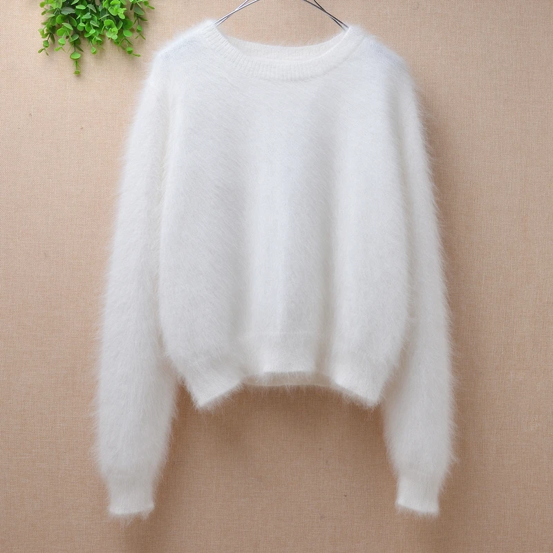 ladies women fashion hairy pink mink cashmere short style crop top loose pullover angora rabbit fur winter jumper sweater pull