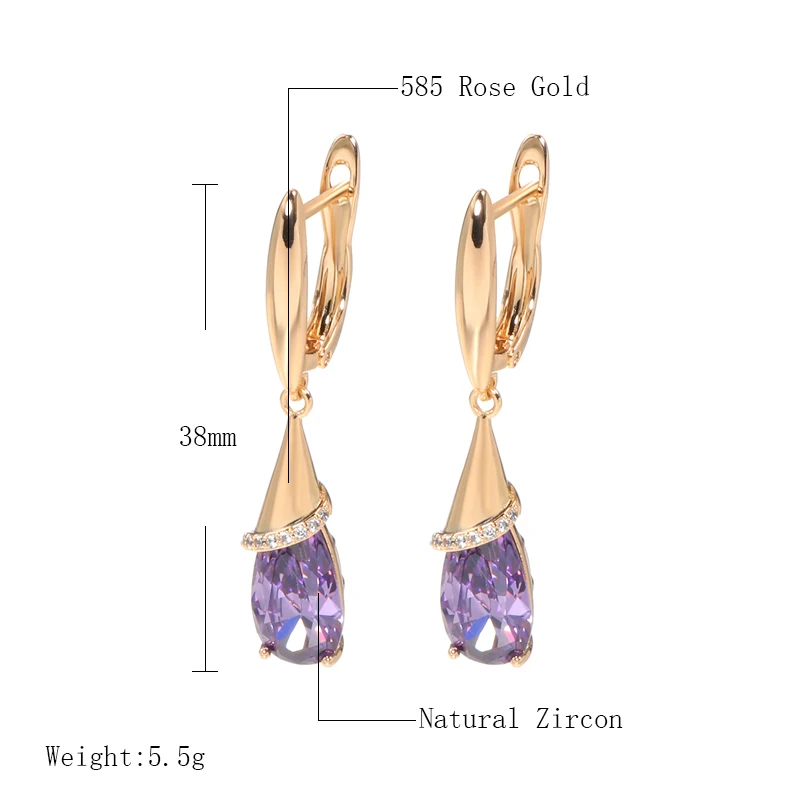Kinel Fashion 585 Rose Gold Long Earrings for Women Water Drop Purple Natural Zircon Dangle Earring Fine Jewelry Crystal Gift