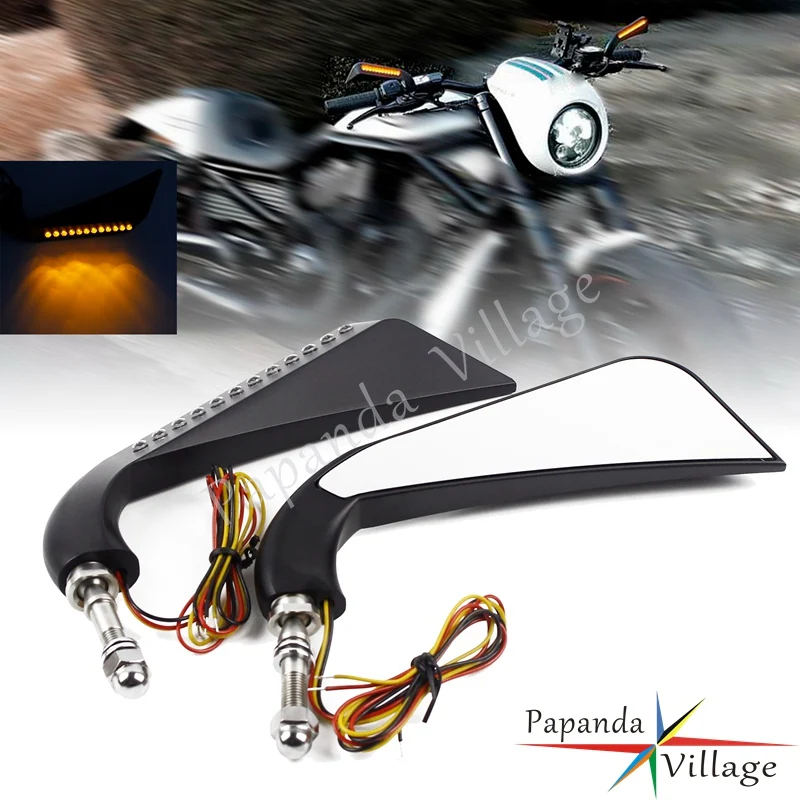 5/16 inch Thread Mount Side Rearview Mirrors W/ Flowing Amber LED Light For Harley Sporster Dyna Softail Bobber Chopper Custom