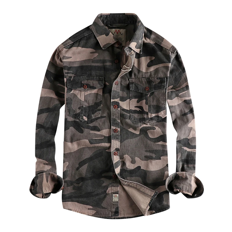 Autumn New American Retro Tooling Camouflage Shirt Men\'s Fashion Long Sleeve Loose Pure Cotton Washed Old Casual Blouses Coat