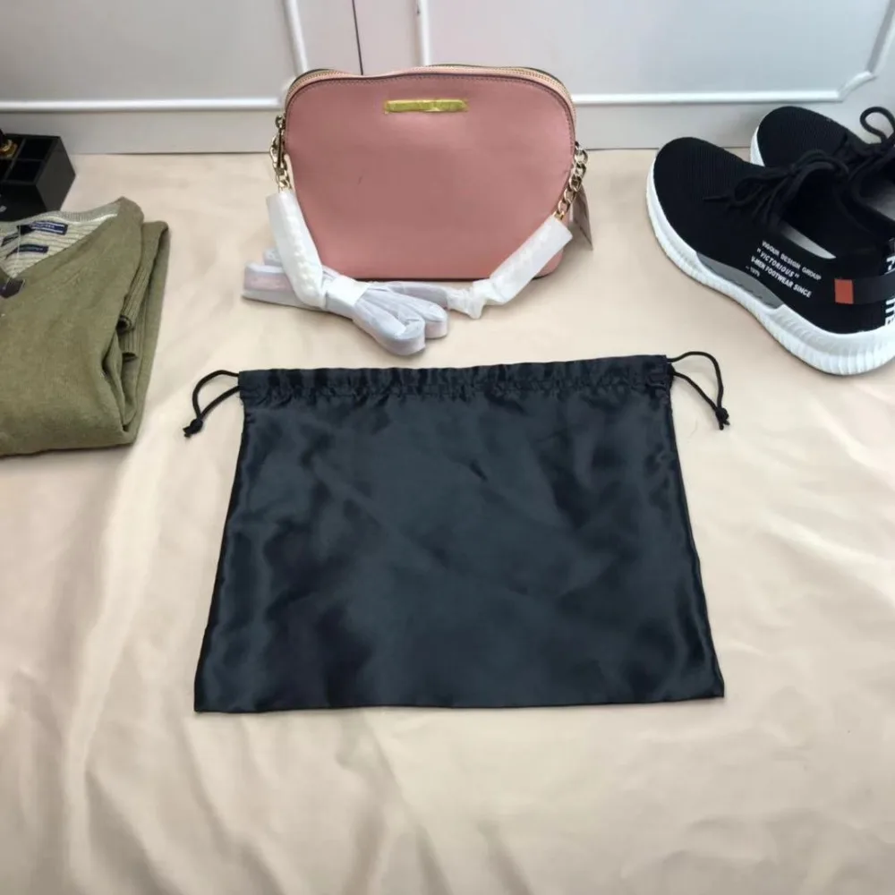 Large Silk Satin Drawstring Care Bag Custom Wigs Storage Dust Proof Packaging Pouch Black Reusable Sack Handbag Shoes Travel Bag