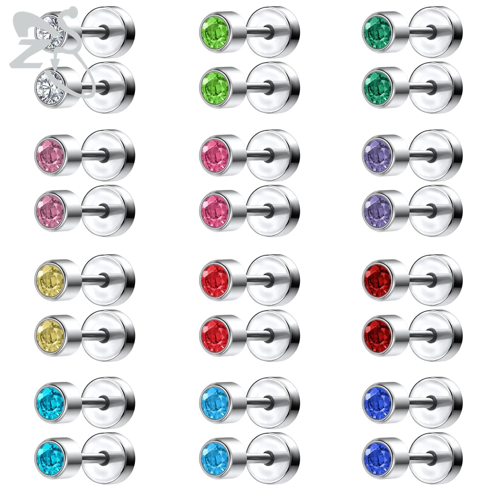 

ZS 24 Pcs/lot Colorful Cubic Zirconia Ear Studs 316L Stainless Steel Stud Earrings for Women Ear Tragus Helix Cartilage Piercing