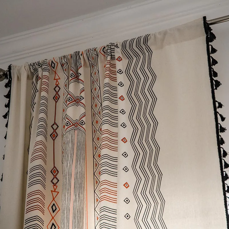 Bohemian orange cotton and linen printed tribal black tassel semi-shading bedroom curtains