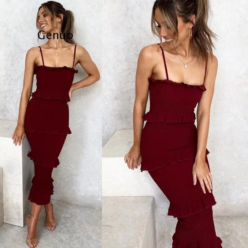 Summer Fashion Sling Long Dress Women 2021 Casual Party Dress Female Ruffles Vestidos  Natural Solid Dress