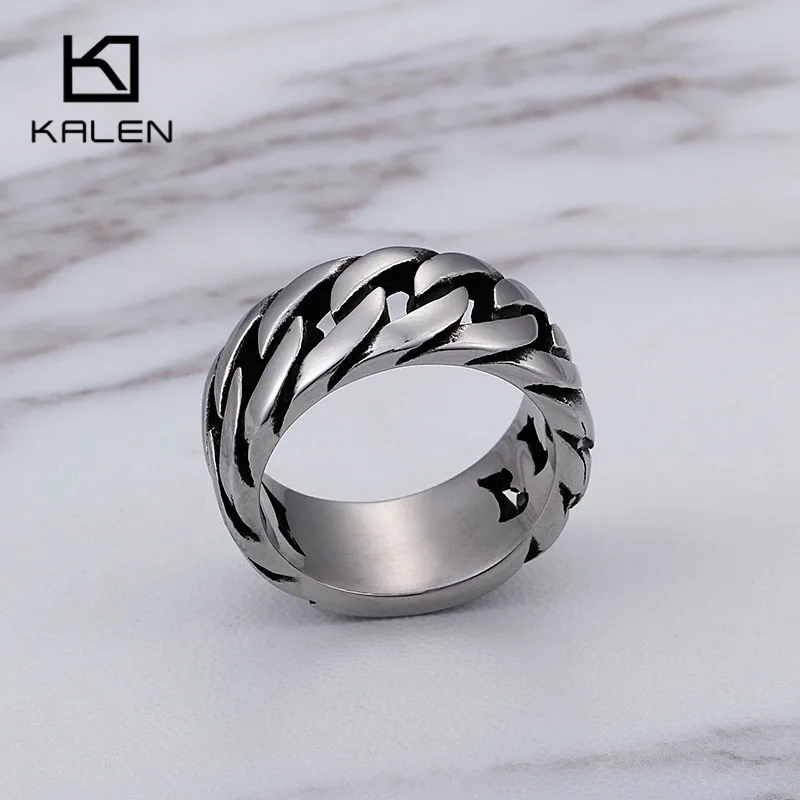 KALEN  Cuban Link Chain Ring Men Size 8-12 Stainless Steel High Polished 10mm Chain Link Finger Rings Cheap Biker Jewelry