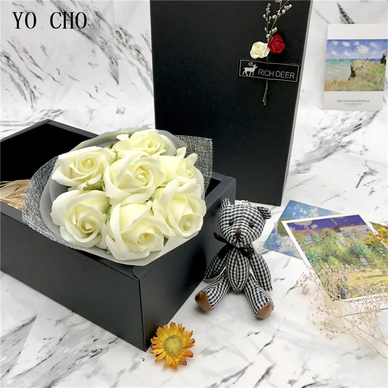 YO CHO 7pcs Scented Soap RoseFlower Petal Bear in Gift Box For Valentines Wedding Valentines Mothers Day Gifts Rose Soap Flower