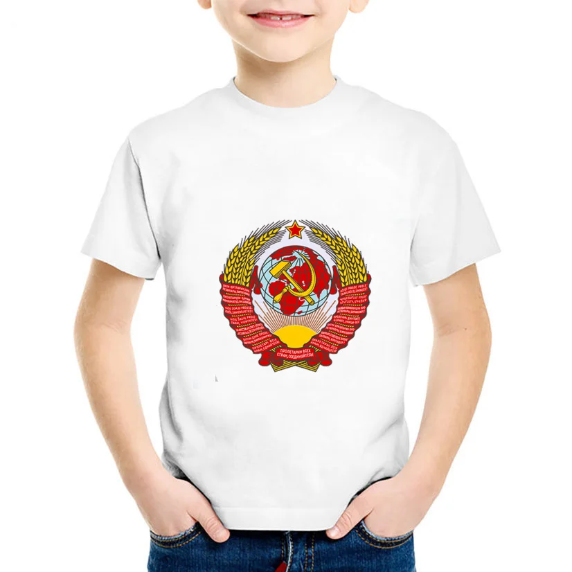 Children's cartoon print T-shirt boy and girl Soviet Russian space design shirt baby  white round neck Cotton T-shirt