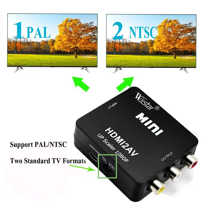 HDMI TO AV Scaler Adapter HD Video Composite Converter Box HDMI to RCA AV/CVSB L/R Video 1080P Mini HDMI2AV Support NTSC PAL