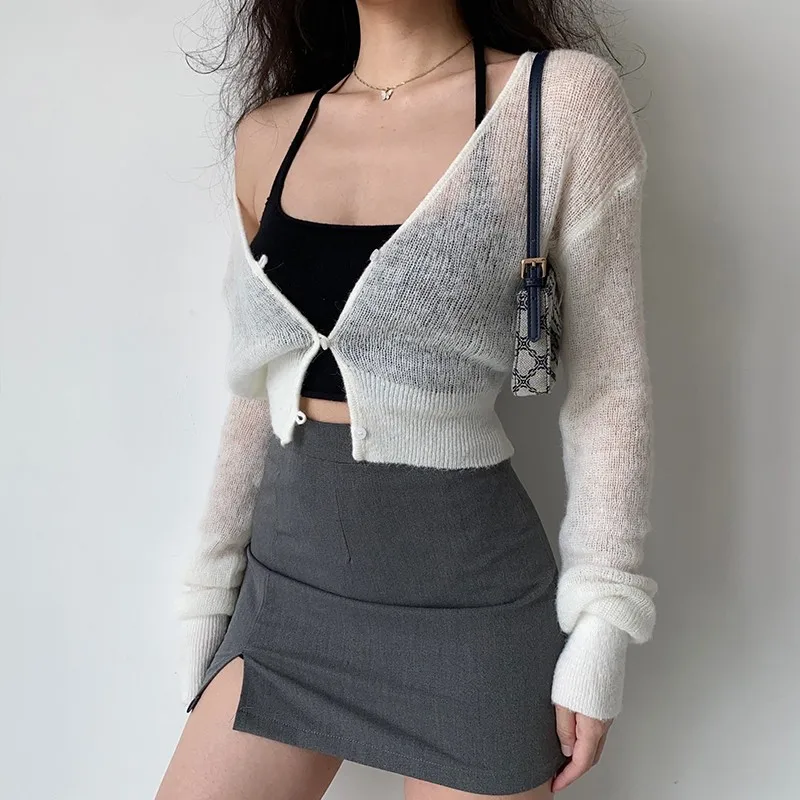 Karrram Sexy See Through Cropped Cardigan Women Thin Hollow Out Knitted Cardigans Long Sleeve V-neck Sweater Crop Tops Korean